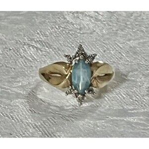 VTG 10K Yellow Gold Blue Topaz Marquise Diamond Accent Cocktail Ring 3.3g Sz 7
